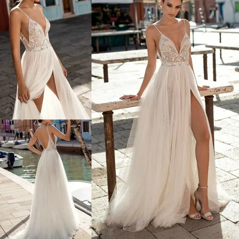 2024 Boho Beach Tulle Wedding Dress with Side Split & Pearl Backless Design