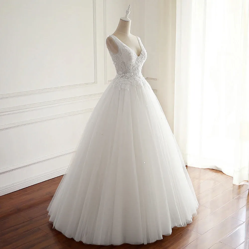 A-Line Sexy Backless Sleeveless V Neck Pleat Wedding Dress Embroidery Beaded A-Line Lace Bridal Gown