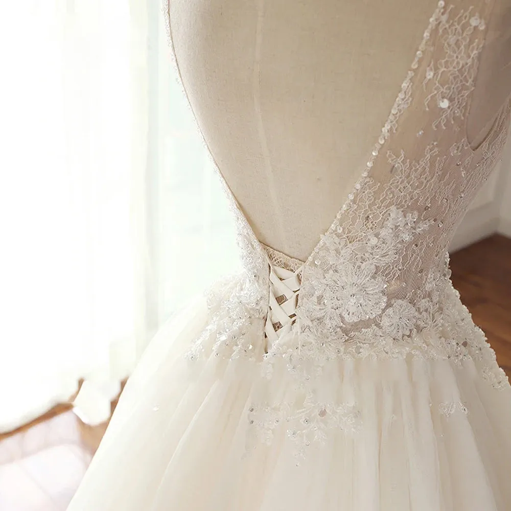 A-Line Sexy Backless Sleeveless V Neck Pleat Wedding Dress Embroidery Beaded A-Line Lace Bridal Gown