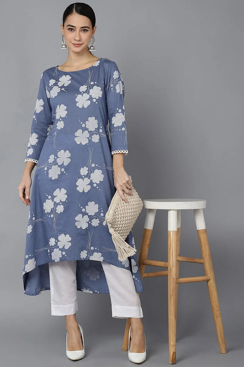 Blue Cotton A-Line Kurta