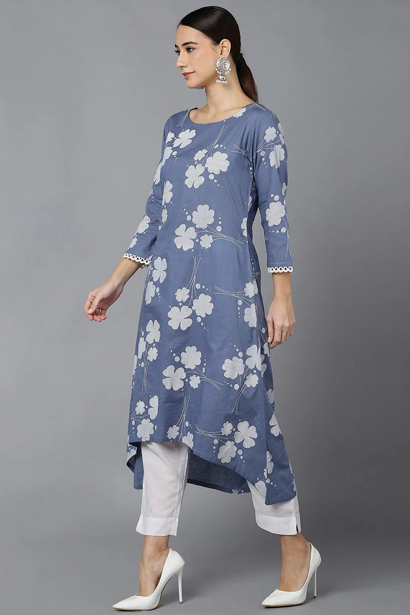 Blue Cotton A-Line Kurta