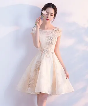 Champagne A Line Tulle Lace Short Prom Dress Champagne Evening Dress