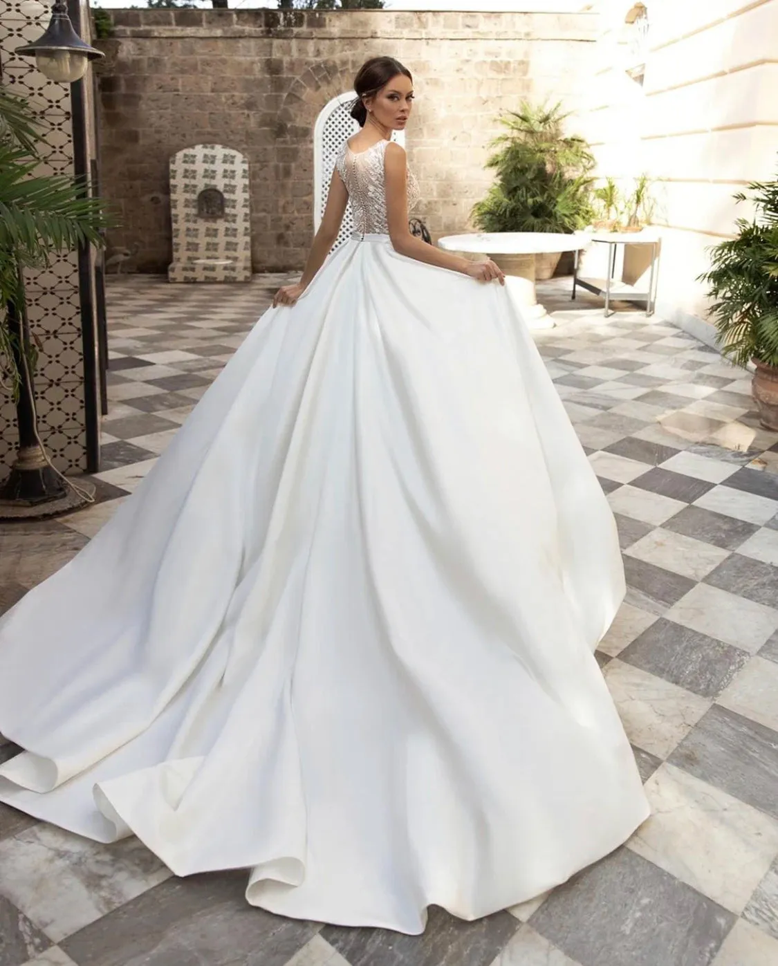 Country Wedding Dress A-Line Ball Gown V-Neck Bridal Dress Satin Bridal Gown