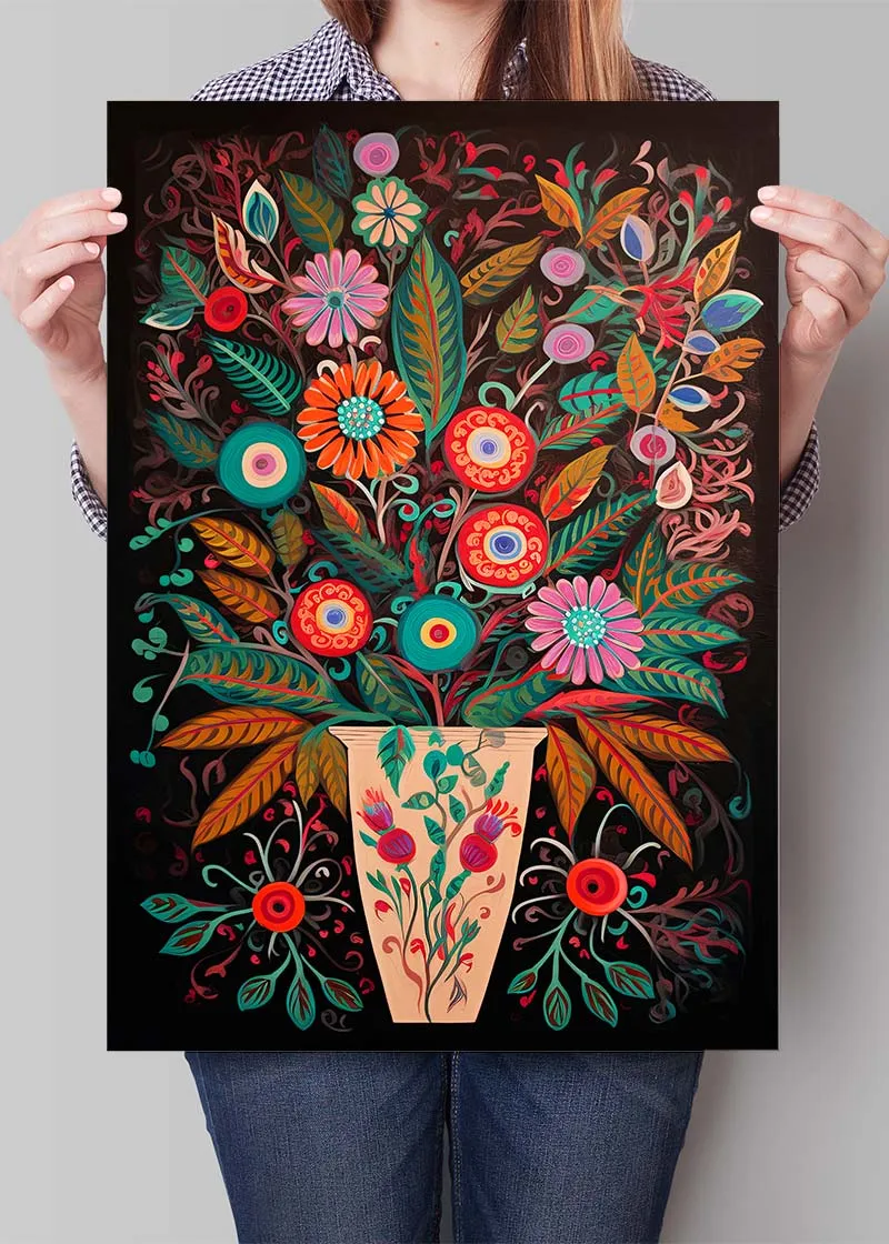 Estampado oscuro de flores de estilo de arte popular: 24 x 35 ¾ en | 61x91 cm / Mate