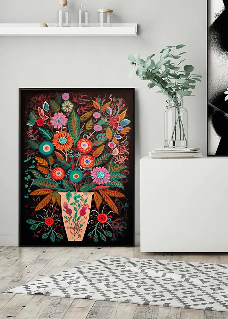 Estampado oscuro de flores de estilo de arte popular: 24 x 35 ¾ en | 61x91 cm / Mate