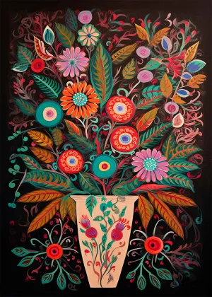 Estampado oscuro de flores de estilo de arte popular: 24 x 35 ¾ en | 61x91 cm / Mate