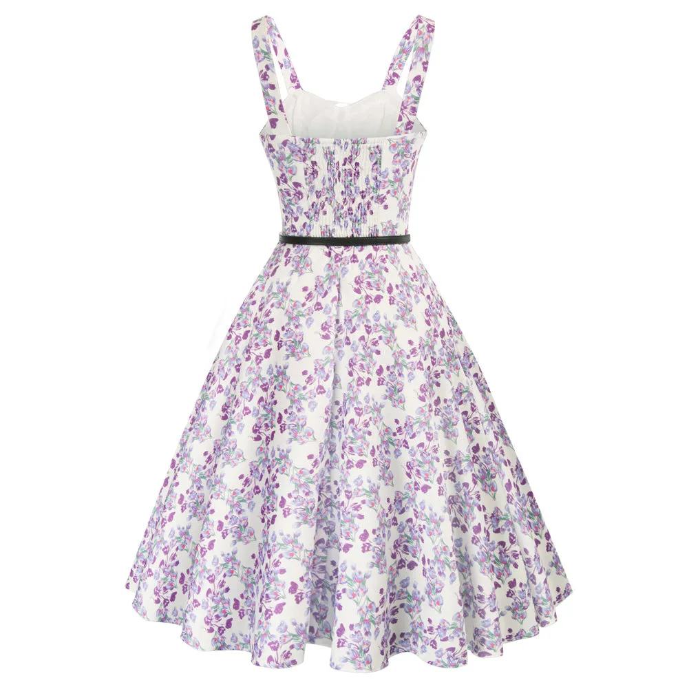 Fruit Printed Sweetheart Neck Flared 1950s Sleeveless A-Line Dress with Belt