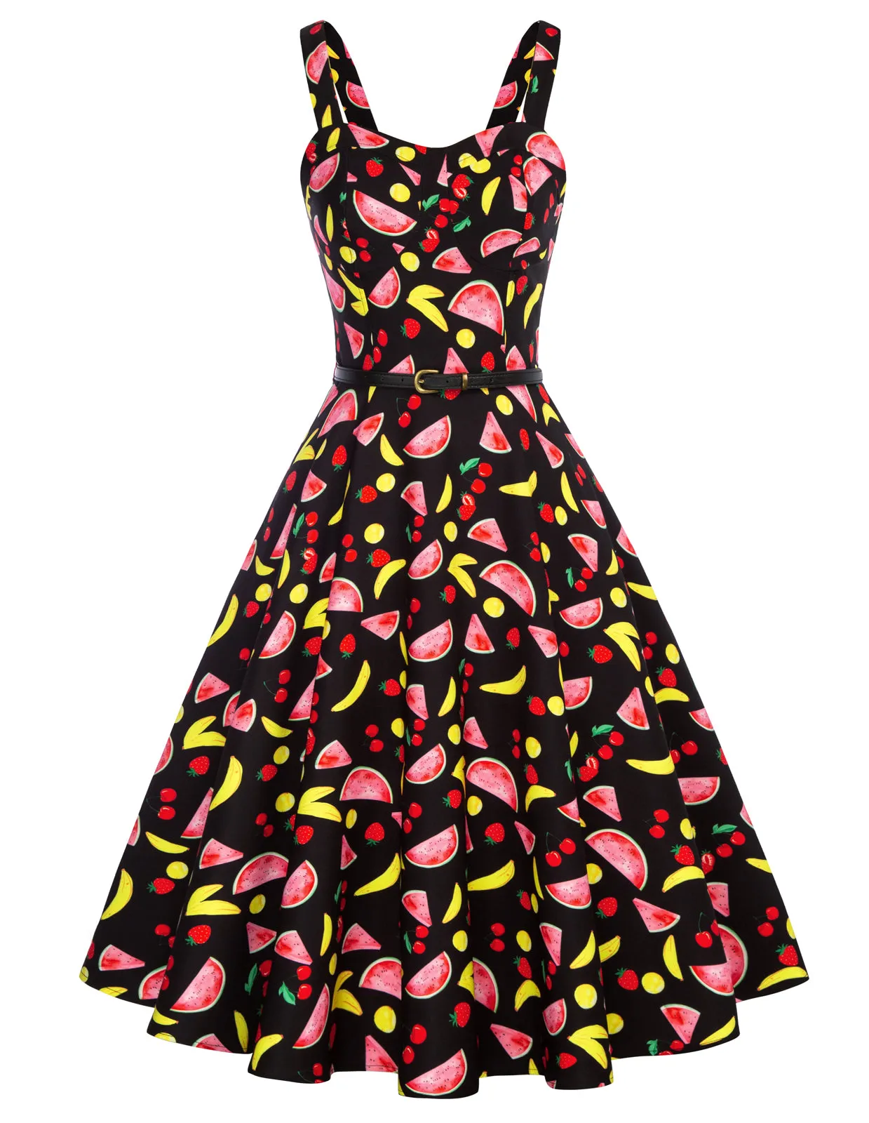 Fruit Printed Sweetheart Neck Flared 1950s Sleeveless A-Line Dress with Belt