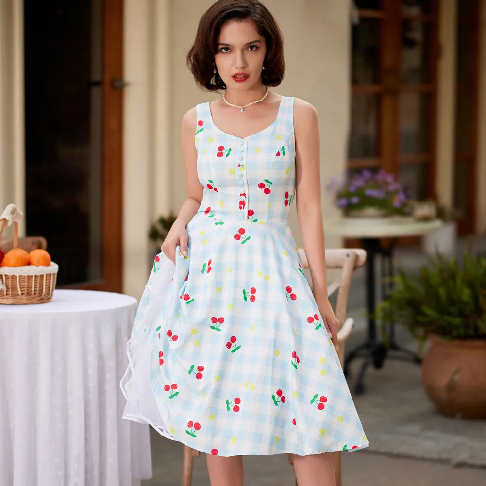 Fruit Printed Sweetheart Neck Flared 1950s Sleeveless A-Line Dress with Belt