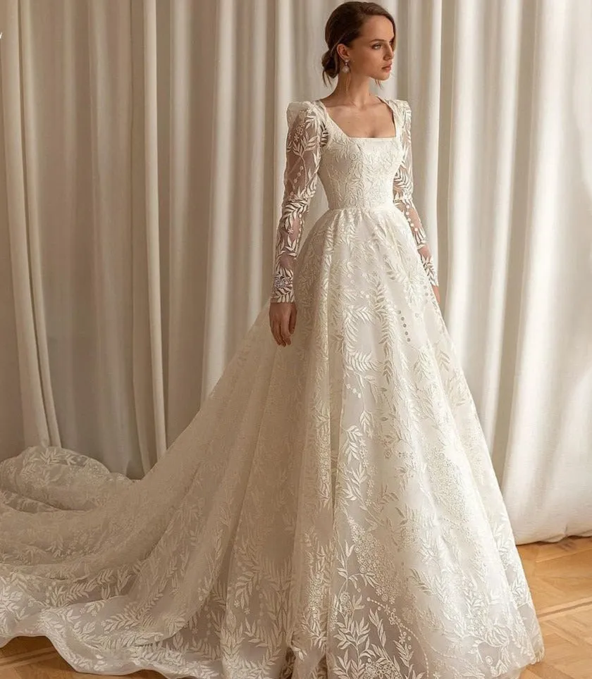 Lace A Line Princess Wedding Dress Long Sleeves  Square Collar Bridal Gown