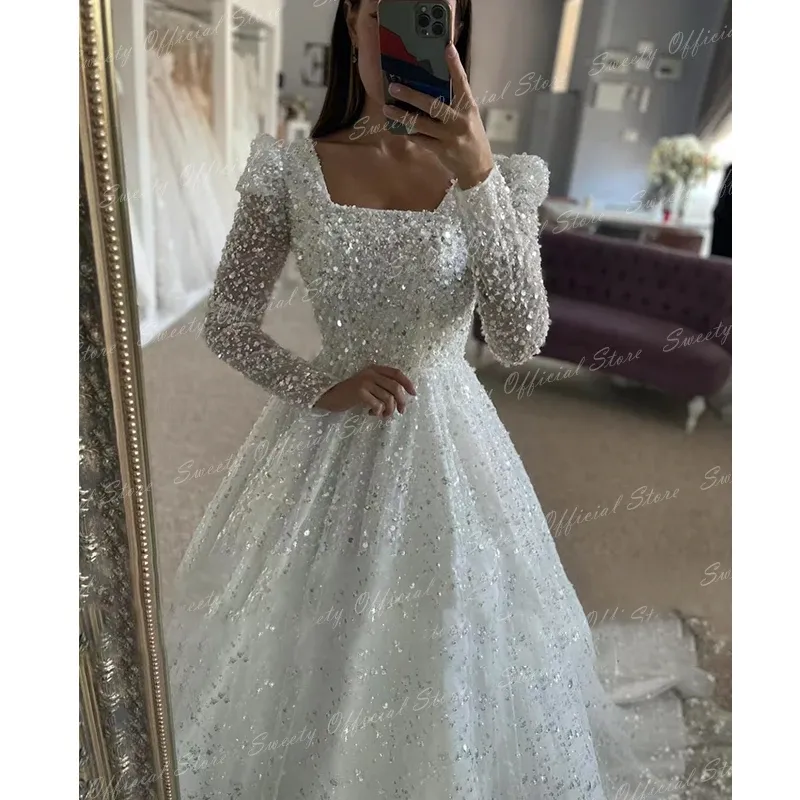 Luxurious Wedding Gowns With Beading Princess A-line Ball Gown Square Collar Full Sleeve Bride Dress  Prom Dresses Robe De Marie