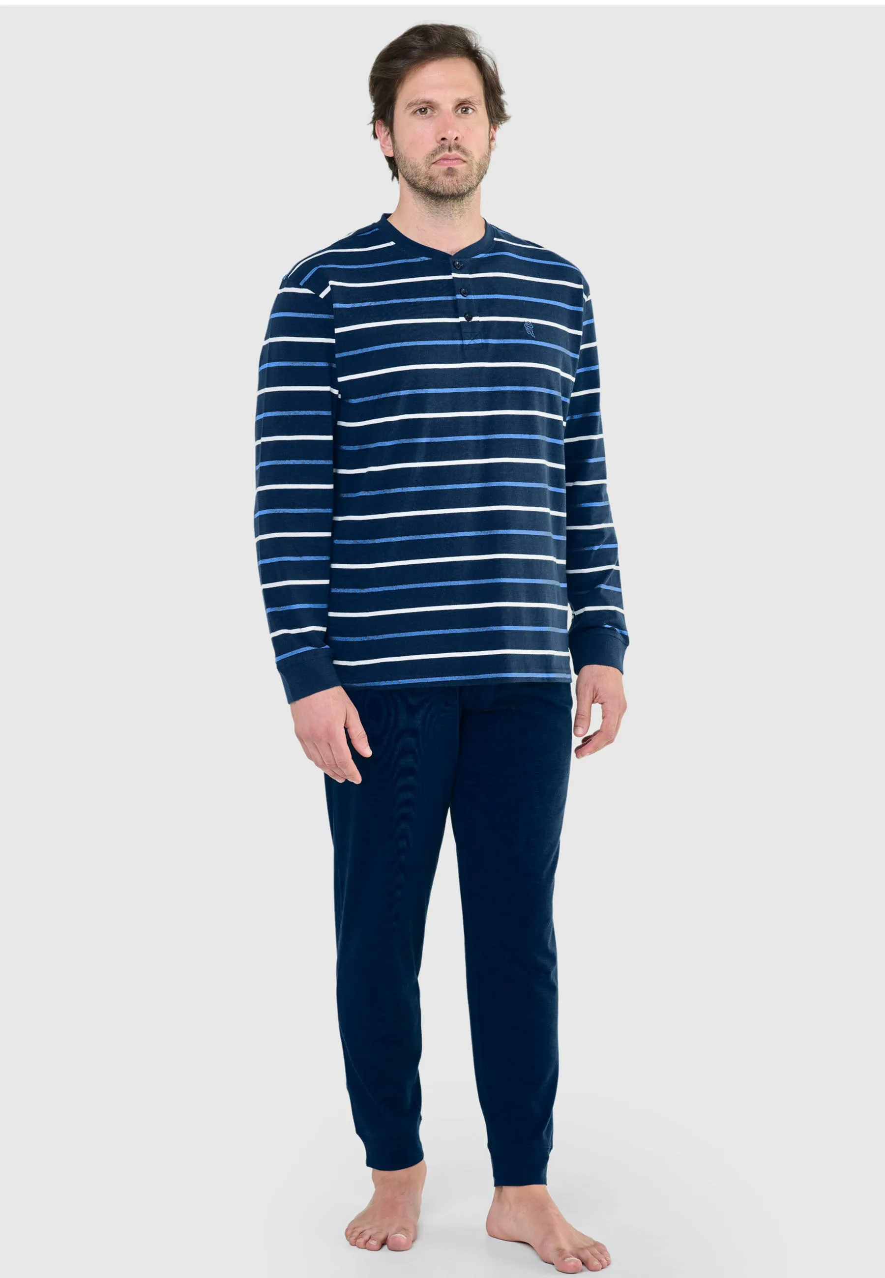 Pijama Hombre Largo Tapeta Algodón Punto Rayas - Azul 5586_38