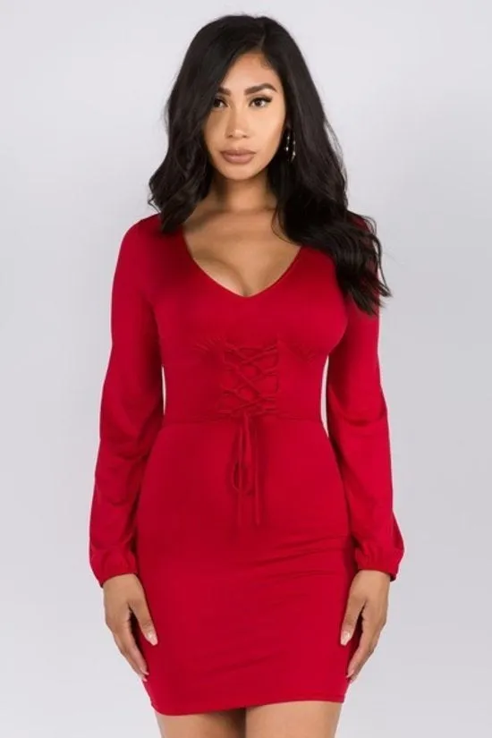 Red Tie Front Long Sleeve Mini Dress