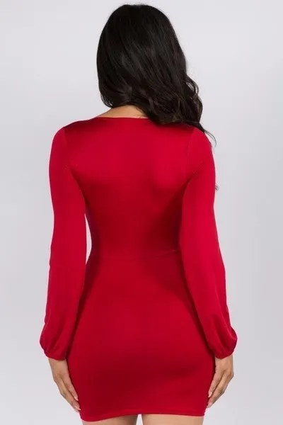 Red Tie Front Long Sleeve Mini Dress