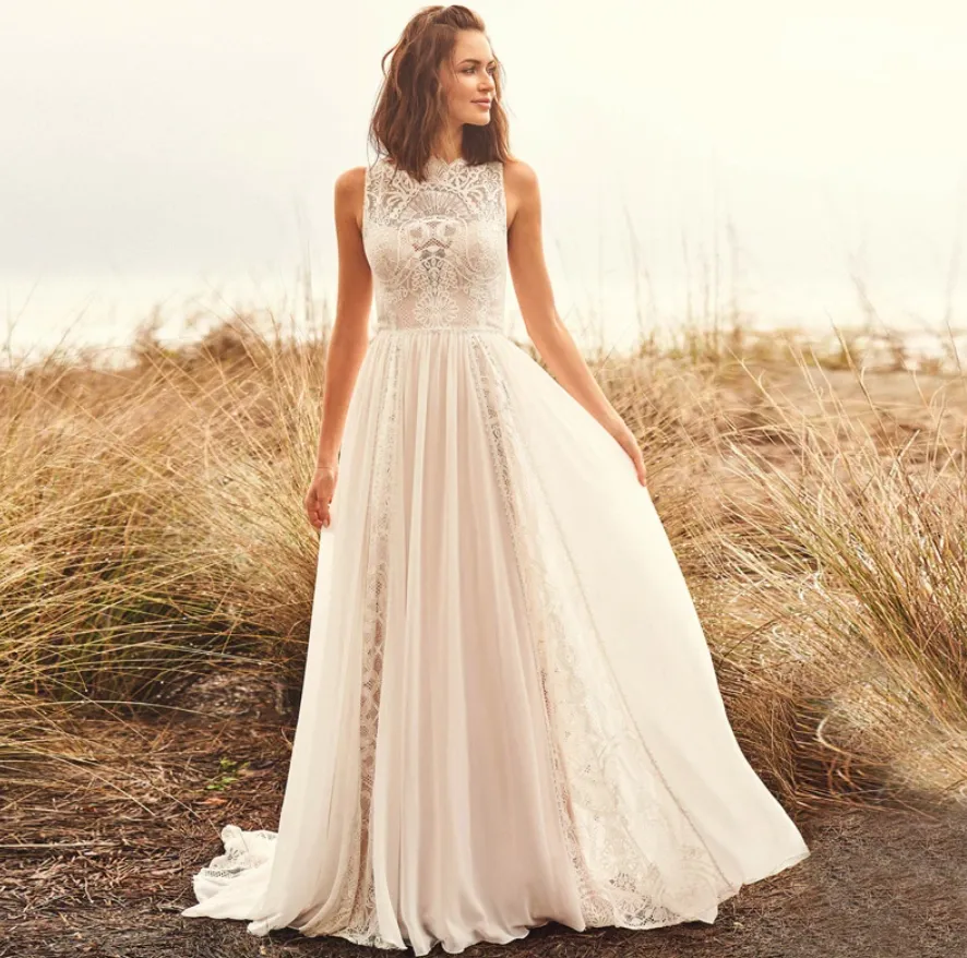 Sleeveless Lace Wedding Dress A-Line Boho Bridal Beach Gown